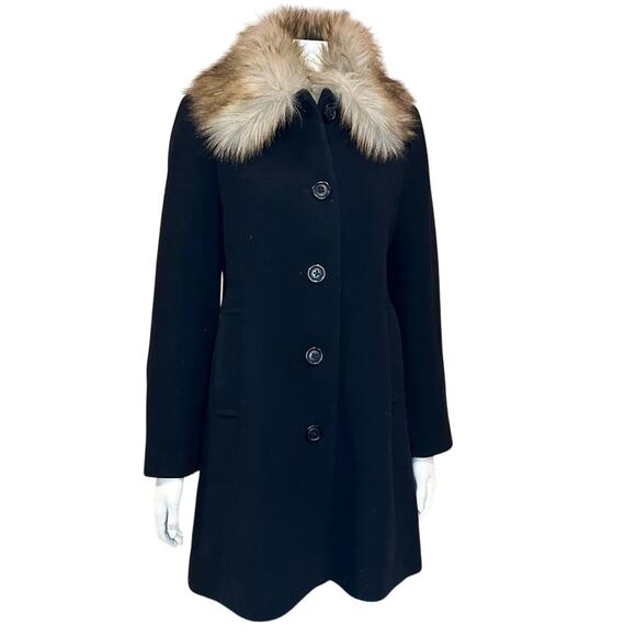KATE SPADE NEW YORK Wool Coat w/ Faux Fur Collar Black Small - Picture 4 of 16